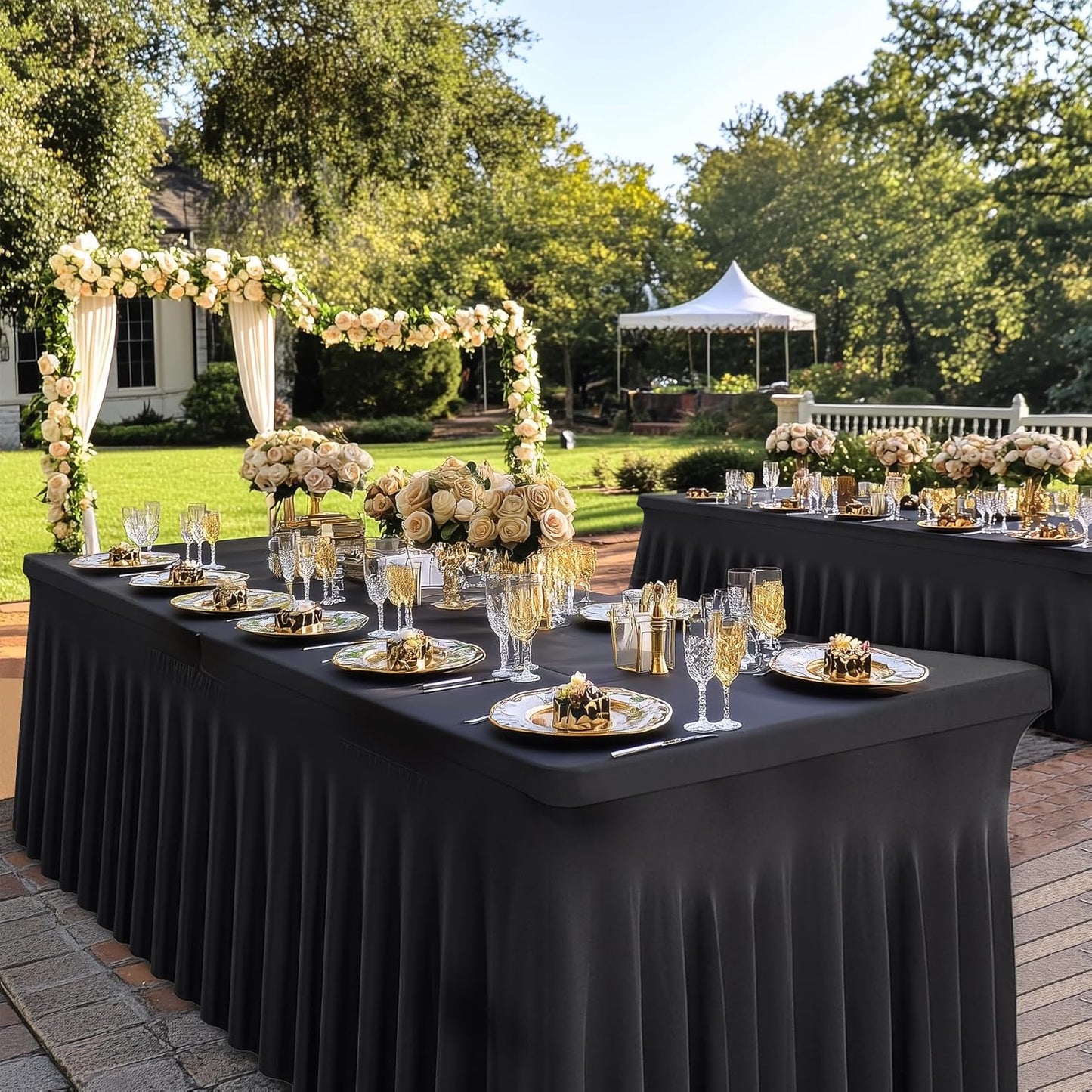 4 pk Black Spandex Tablecloth 6ft with Ruffled Skirt,Wrinkle Free High Stretch Fitted Tablecloths for 6 Foot Rectangle Tables,Pleated Elastic Spandex Table Covers 6ft for Parties Wedding Banquet
