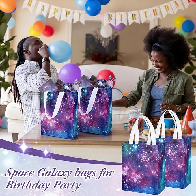 Supervitae 24 Pack Galaxy Party Gift Bags Medium Outer Space Print Party Decoration Supplies Reusable Non Woven Totes for Solar System Planet Birthday Baby Shower Favor(9.8" x 7.9" x 3.9")