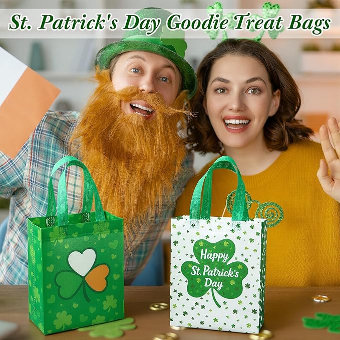 Wovnet 30 Pcs St. Patrick's Day Gift Bags with Handle Shamrock Party Favors Green Reusable Non Woven Goodie Treat Bags Clover Tote Irish Festival Themed Party Supplies 10 x 8 x 4in