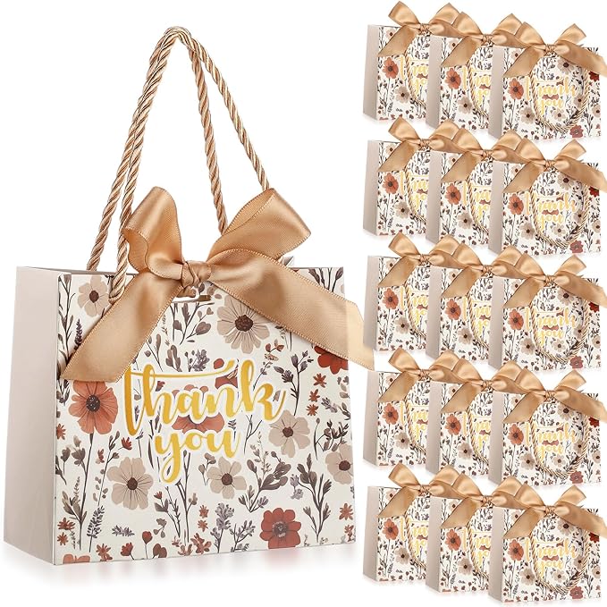 Moinchore 40 Pack Wildflower Thank You Gift Bags with Handles Small Thank You Party Favor Bags with Bow Wedding Welcome Tote for wedding Holiday Bridal Shower Party(Vintage Champagne Flowers)