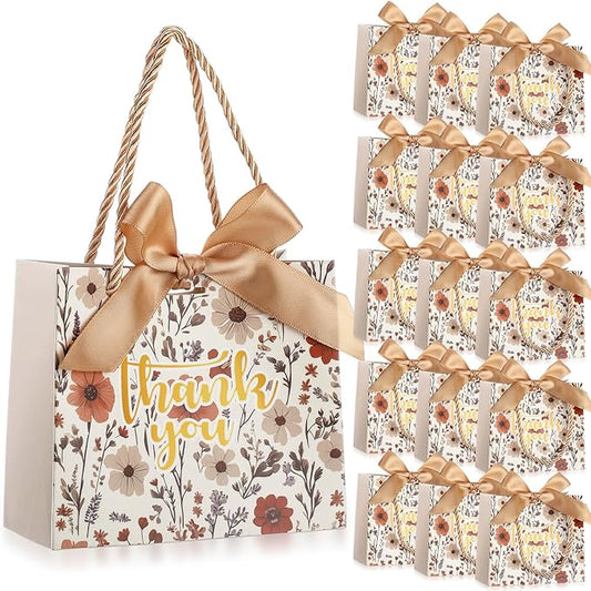 Moinchore 40 Pack Wildflower Thank You Gift Bags with Handles Small Thank You Party Favor Bags with Bow Wedding Welcome Tote for wedding Holiday Bridal Shower Party(Vintage Champagne Flowers)