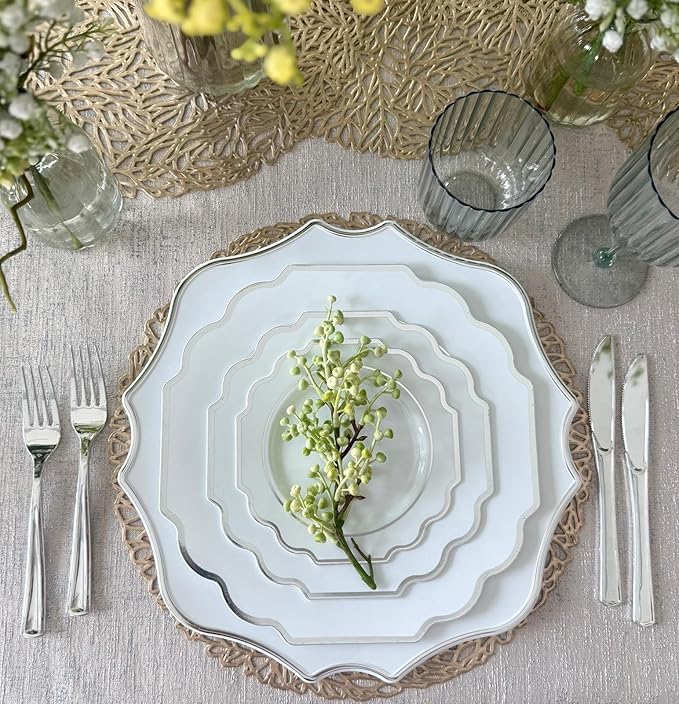 " OCCASIONS " 10 Pieces 13.25'' Scalloped Disposable/Reusable Plastic Charger Plates for Wedding, (Scalloped Imperial White & Silver)