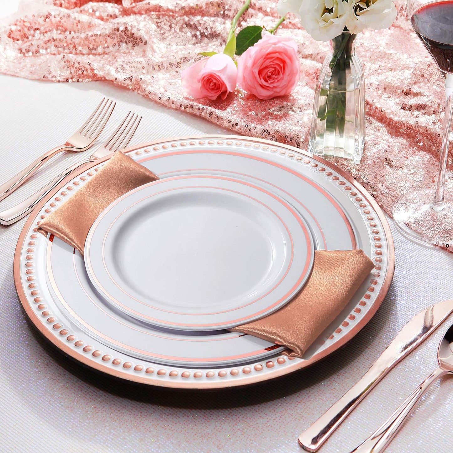 Supernal 60pcs Rose Gold Plastic Dinnerware Set Includes Rose Gold Plastic Plates and Disposable Silverware,Disposable Party Plates and Flatware Service for 12 Guest,Perfect for Birthday,Party,Wedding