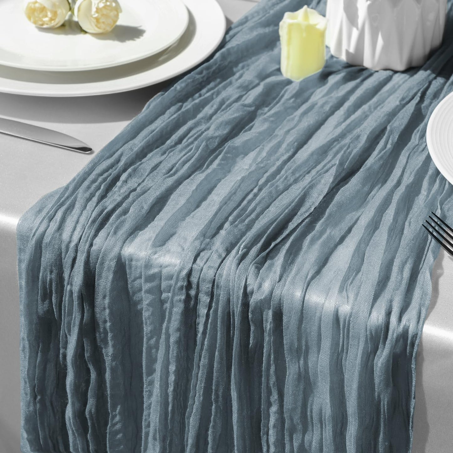 GARIG Single Dusty Blue Table Runner for Summer, 10FT Boho Sheer Spring Gauze Cheesecloth Table Runner 35x120Inch for Mother's Day Wedding Party Baby Bridal Shower Birthday Home Decor