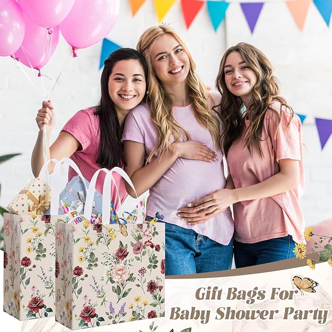 Abbylike 30 Pack Pink Wildflower Theme Reusable Gift Bag Bulk Large Floral Print Shopping Bag Vintage Tote Non Woven Tote for Wedding Birthday Baby Shower Holiday Travel, 12.2 x 11.02 x 4.72 Inches