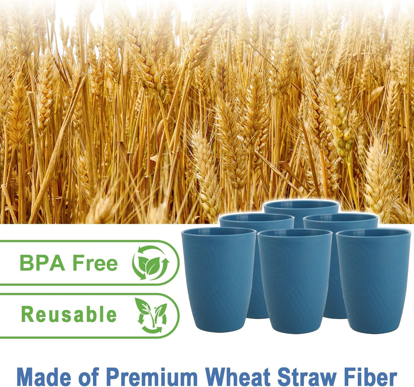 Premium Wheat Straw Cups Drinking Glasses Set of 6 Alternative to Plastic Cups Reusable Unbreakable Water Tumblers 12 OZ Microwave and Dishwasher Safe Cup for Kitchen - Blue
