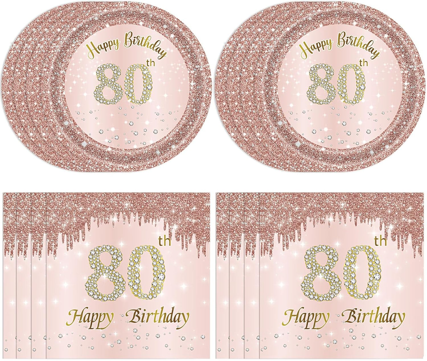 80th Birthday Decorations, Rose Gold Birthday Party Supplies Include 20Pcs Plates 20Pcs Napkins Sweet Eighty Year Old Party Tableware for Girl Ladies Women