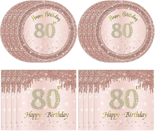 80th Birthday Decorations, Rose Gold Birthday Party Supplies Include 20Pcs Plates 20Pcs Napkins Sweet Eighty Year Old Party Tableware for Girl Ladies Women