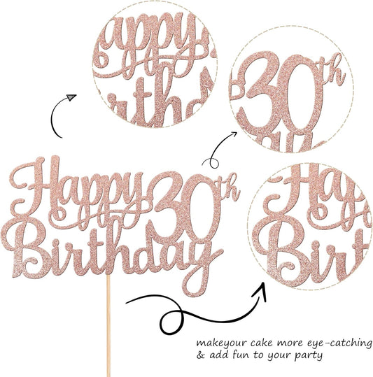 1 PCS Happy 30th Birthday Cake Topper Glitter Cheers to 30 Years Birthday Cake Pick 30 Fabulous Cake Decoration for Happy 30th Birthday Anniversary Party Decorations Supplies Rose Gold