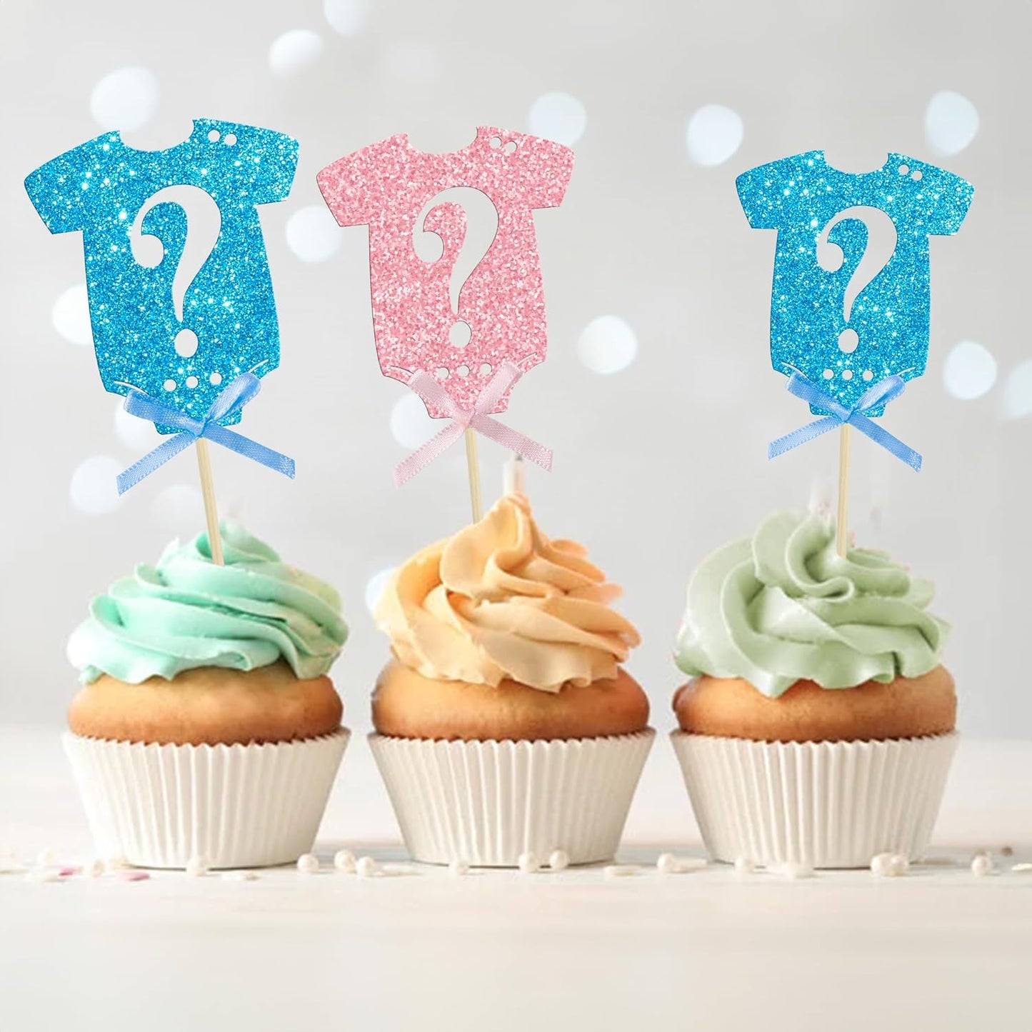 Ephlyn 24Pcs Gender Reveal Cupcake Toppers Glitter Pink Blue Bow Onesie Question Mark Boy or Girl Cake Topper Decorations for Baby Shower Theme Gender Reveal Kids Birthday Party Supplies Blue Pink