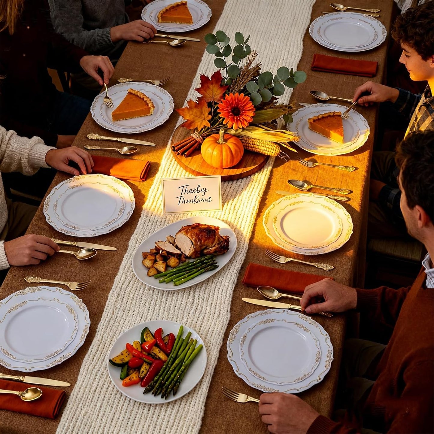 DaYammi 150Pcs White Gold Plastic Plates & Plastic Silverware, Gold Disposable Plates for Party Include 30 Dinner Plate, 30 Dessert Plate, 30 Knives, 30 Forks, 30 Spoons for Thanksgiving Party Holiday