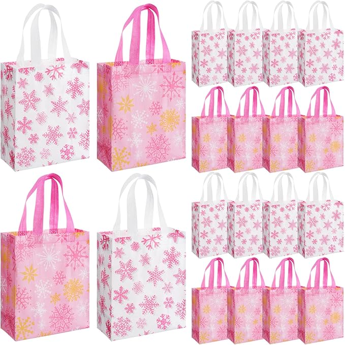 Wovnet 30 Pcs Christmas Bags Bulk Pink Snowflake Winter Merchandise Gift Bags with Handles Reusable Non Woven Tote Shopping Goodie Pouch for Xmas Party Favors 10 x 8 x 4in