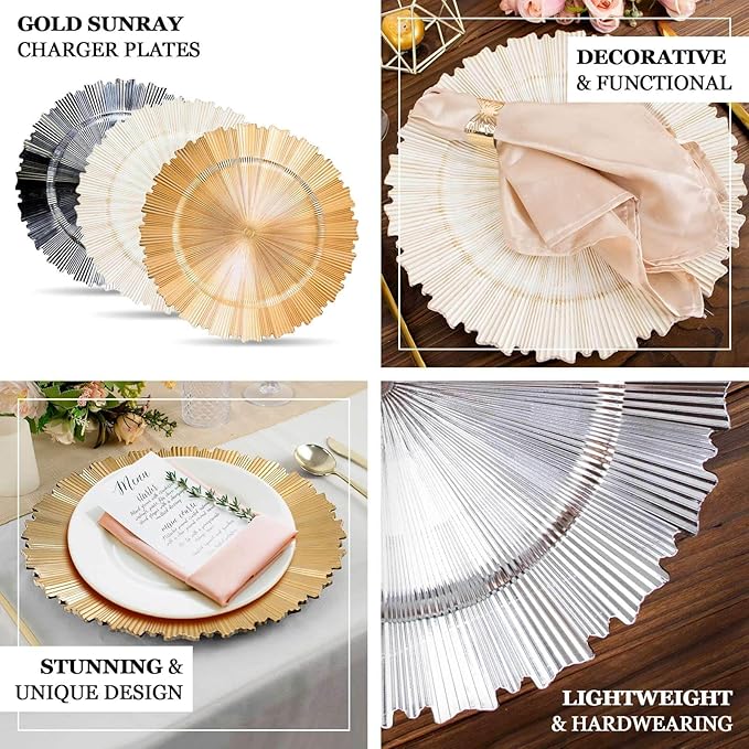 Efavormart 6 Pack | 13" Metallic Antique White Sunray Acrylic Plastic Serving Plates, Round Scalloped Rim Disposable Charger Plates