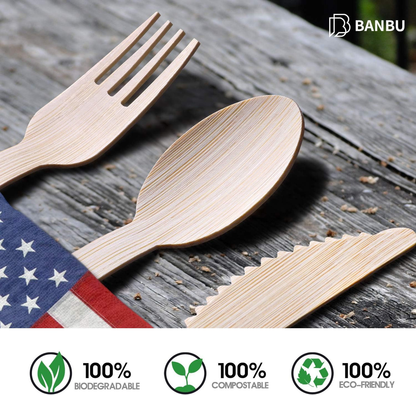 Bamboo Disposable Utensils Set-180PK: (6.7” 60 Forks 60 Spoons 60 Knives) Eco Friendly Natural Compostable Biodegradable Bamboo Cutlery Disposable Forks Knives and Spoons Set