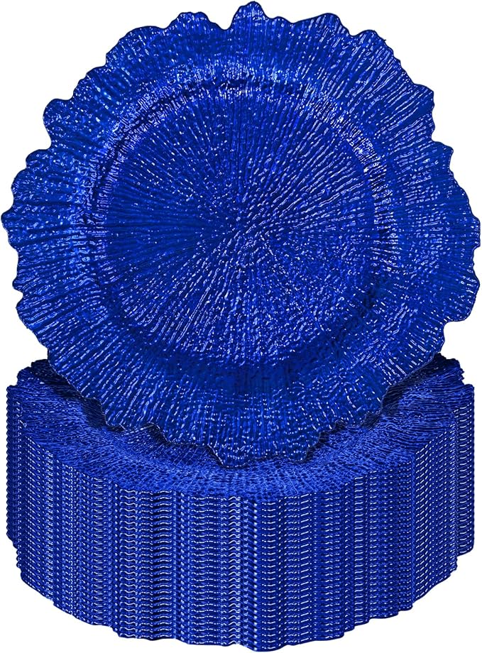 Pesonlook 24Pcs Royal Blue Charger Plates Round 13inch, Reef Plate Chargers for Dinner, Bulk Plastic Floral Table Charger Plates for Dinner Wedding Party Event Table Setting Decoration(Royal Blue)