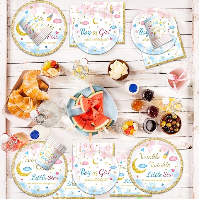 96Pcs Twinkle Twinkle Little Star Gender Reveal Party Supplies Tableware Set little Star Baby Shower Plates Napkins Forks Dinnerware for Baby Shower Decorations Girls or Boys Theme Party, 24 Guests