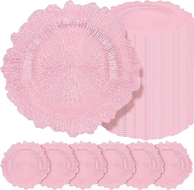 Teruntrue 50 Pcs Pink Charger Plates Bulk 13 Inch Plastic Charger Plates for Dinner Plate, Pink Chargers for Table Setting, Reef Design Plate Floral Decorative Round Chargers for Wedding Party Event