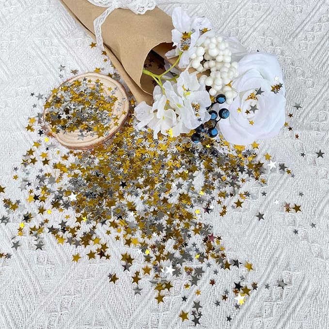 WEIKA 60g Star Confetti Glitter Star Table Confetti, Metallic Foil Star Glitter, Table Decorations for Party Wedding birthday graduation Decorations(Glitter Gold and Silver Set, 10mm and 6mm)
