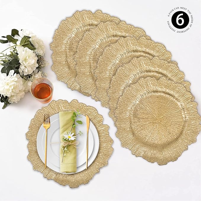 MAONAME 13" Gold Charger Plates, Round Reef Chargers for Dinner Plates, Plastic Plate Chargers for Table Setting, Wedding Decor, Set of 6