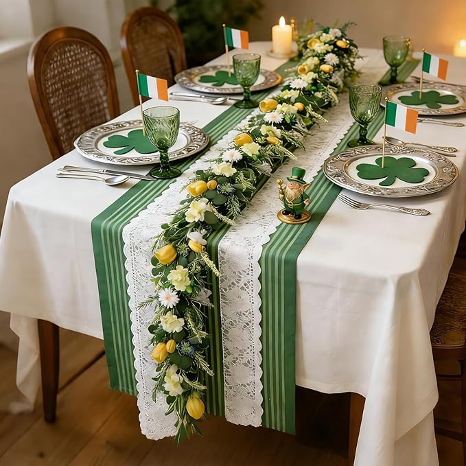 TEMPUS 6Ft Spring Artificial Eucalyptus Garland with Tulip, Hydrangea & Shamrock - St. Patrick's Day and Spring Decor Greenery for Mantle Table Centerpiece Wedding Baby Shower Party