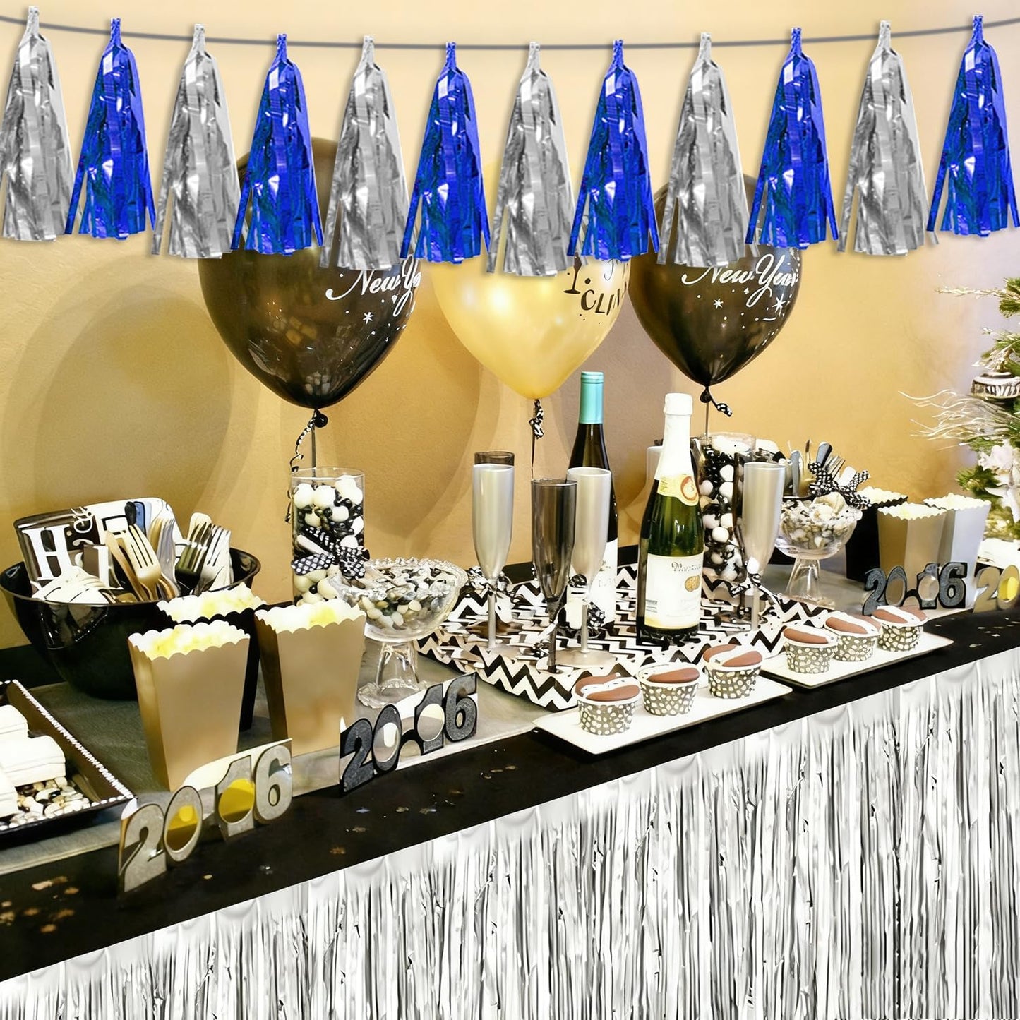 3P Navy-Blue Silver Tassel Banner Garland Metallic Foil Fringe Banner Tinsel Tassels Streamer Banner Backdrop for Parade Floats, Graduation Bridal/Baby Shower Retirement Party Decorations