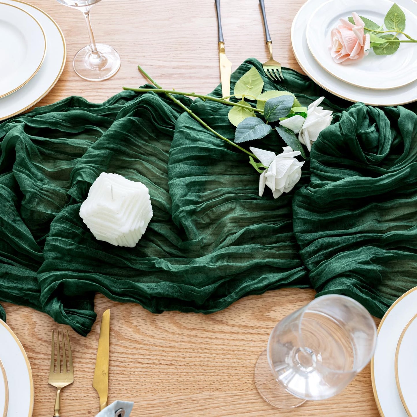 Wokceer Cheesecloth Table Runner 3Pack 10FT Emerald Green Christmas Boho Gauze Cheese Cloth Table Runner for Party Long Rustic Sheer Table Runners for Baby Bridal Shower Wedding Easter Table Decor