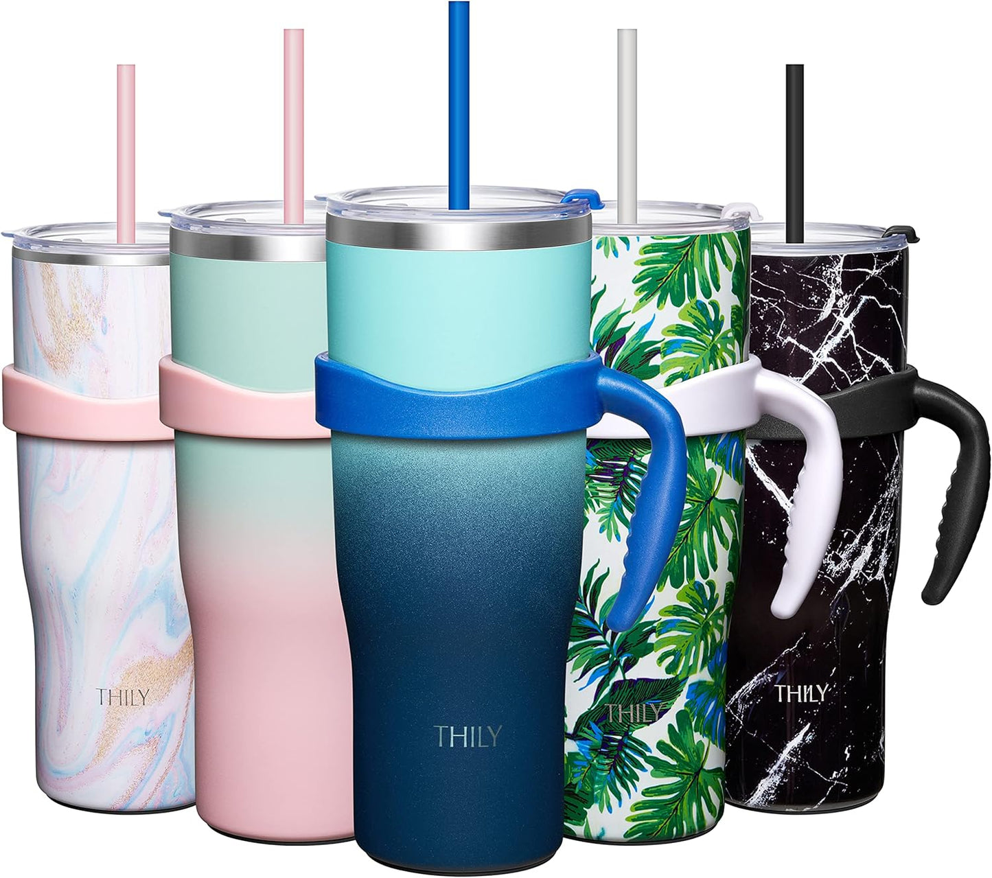 THILY Stainless Steel Vacuum Insulated Tumbler 40 oz Coffee Travel Mug with Handle and Lid, Reusable, Sweat Proof, Keep Drinks Cold for 34 Hours or Hot for 12 Hours, Green & Navy