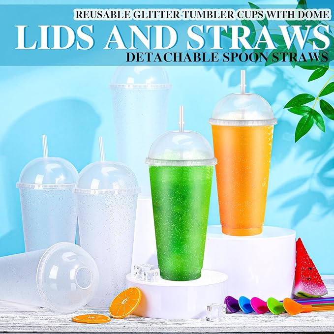 6 Set Slushie Cups with Dome Lids and Straws Detachable Spoon Straws Reusable Plastic Iced Coffee Cups Smoothie Tumbler for Birthdays Summer Party Supplies(Clear,24 oz)