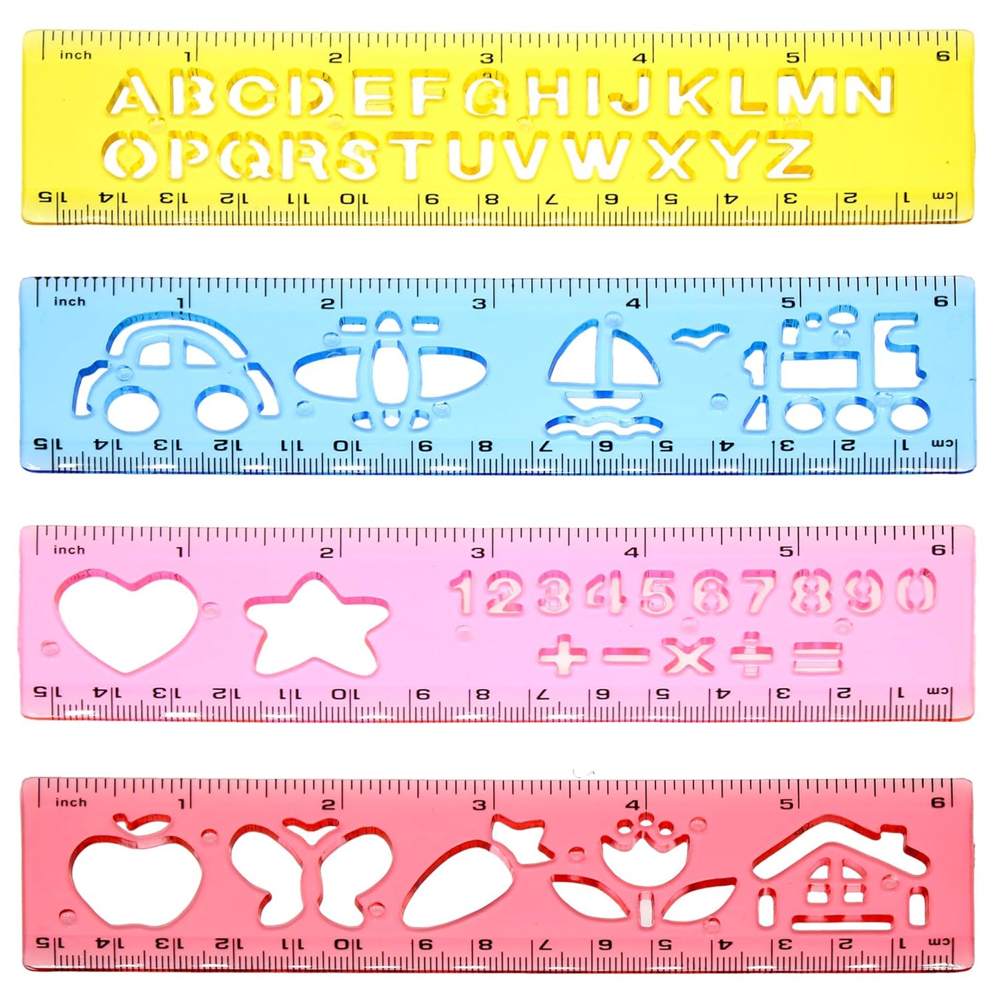 Color Swell Stencil Ruler 4 Pack - Fun Template Stencil Plastic Measuring Rulers - School Rulers for Drawing and School Supplies