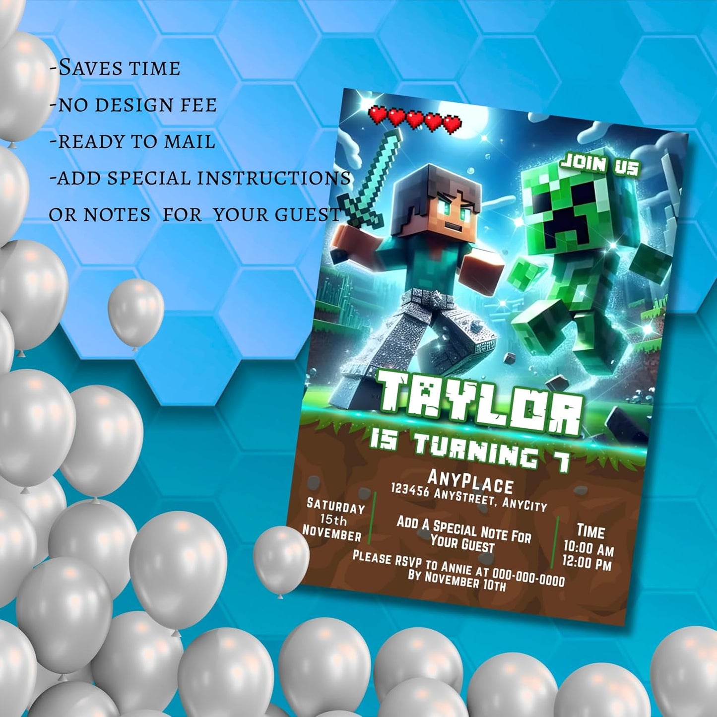 Fully Customizable minecraft Birthday Party Invitations, 4 x 6 inches, with Self-Sealing Envelopes, Gaming Theme Design, minecraft Birthday Invitations for Boys and Girls (Minecraft/Diamond)