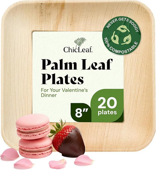 Chic Leaf Palm Leaf Plates 8 Inch - Disposable Bamboo Style Square Dinnerware for Winter Events & Ideal for Romantic Dinner for 2 - Heavy Duty, Compostable Serving Dish for Appetizers & Desser