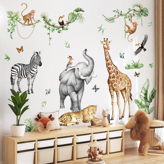 Jungle Safari Animal Wall Decals for Kids Room - Wildlife Wall Stickers Giraffe Elephant Leopard Zebra Monkey Removable Vinyl Nursery Decor for Baby Toddlers Classroom Playroom Wall Decor