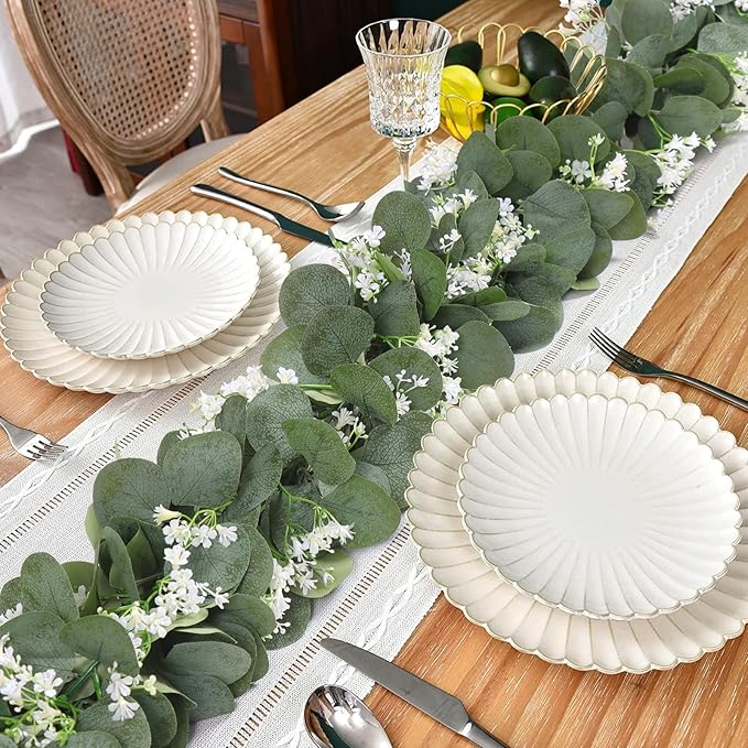 KHOYIME Eucalyptus Garland with White Flowers, 2 Packs 5.9Ft Artificial Silver Dollar Eucalyptus Leaves Plant Fake Greenery Hanging Ivy Vines Faux Wreath for Wedding Arch Party Mantle Table Home Decor