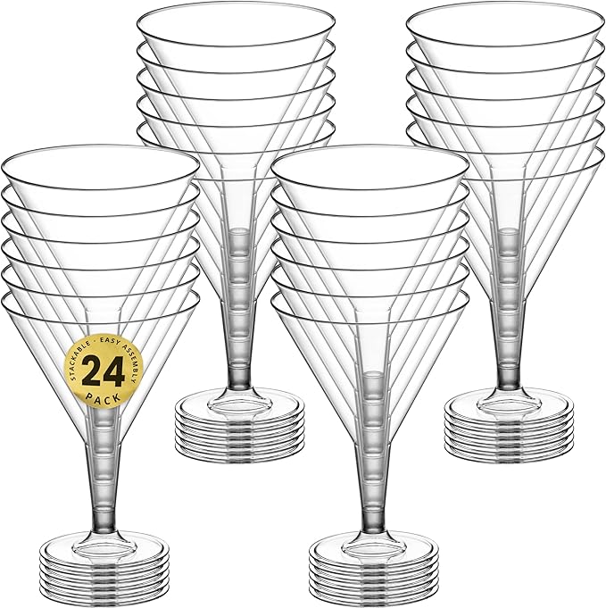 DecorRack 24 Martini Glasses, 7 oz -BPA Free- V-Shaped Plastic Glass, Perfect for Outdoor Parties, Weddings, Hosting, Stackable, Reusable, Disposable Stemmed Cups (Pack of 24)