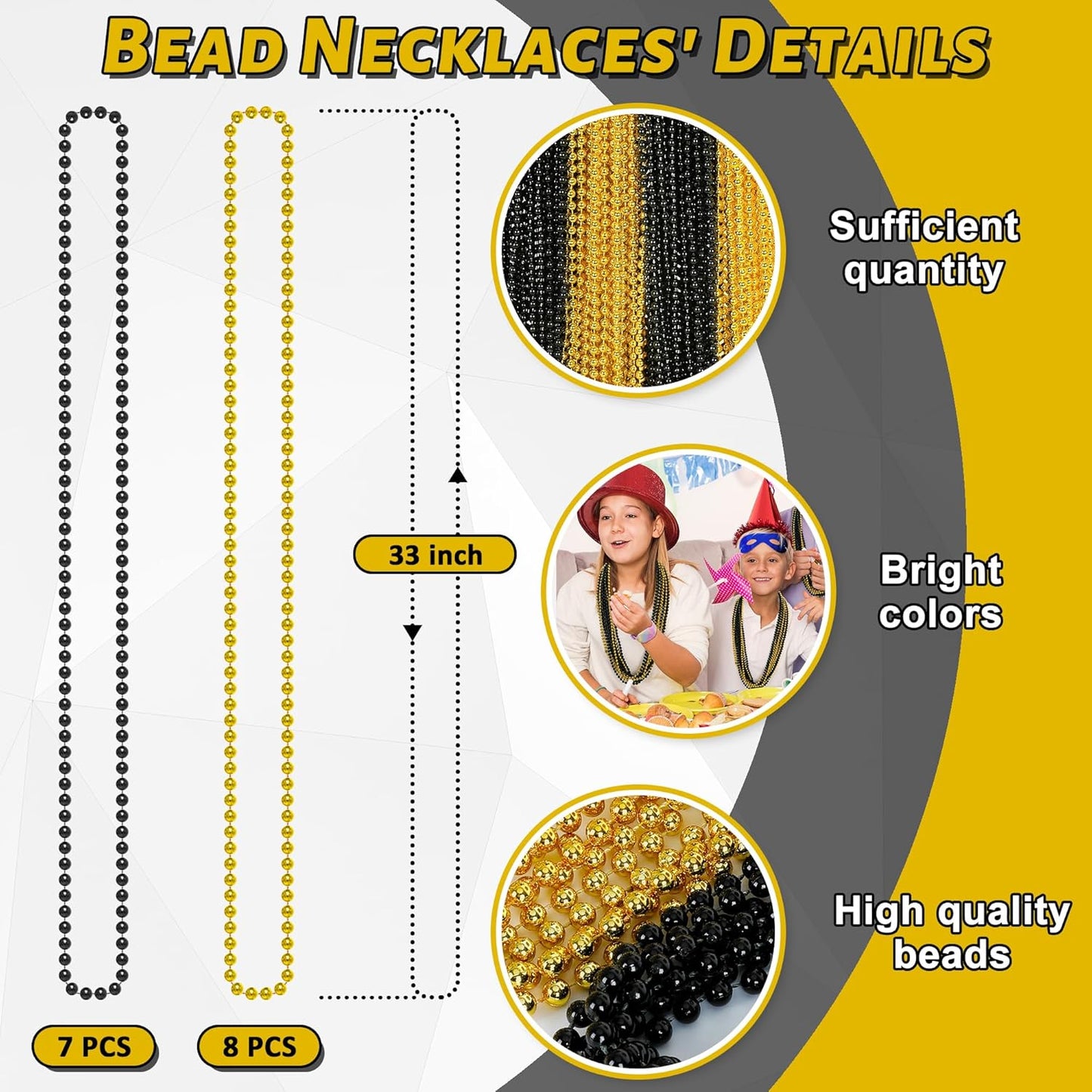 15PCS New Years Eve Bead Party Supplies, Black Gold Bead Necklace Decorations, 33" New Years Graduations Beads Necklaces Supplies, Festival Graduations New Years Party Supplies Accessories Bulk