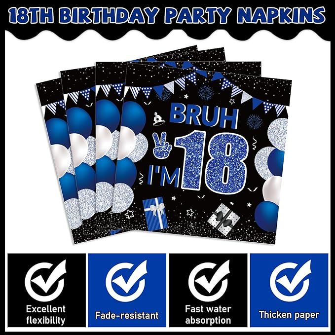 96PCS 18th Birthday Party Paper Plates and Napkins and Forks Set for Blue and Silver Bruh I'm 18 Years Old Party Paper Plates Disposable Decor Happy 18th Parties Set for Teens Birthday Decorations