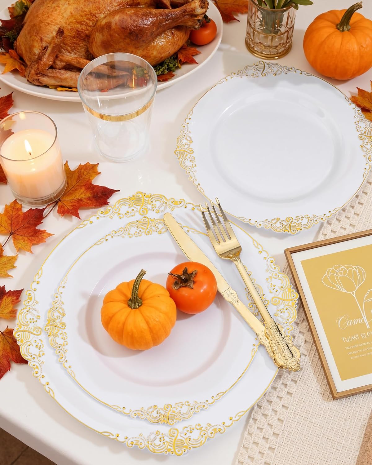 Nervure 175PCS White and Gold Plastic Plates - Disposable Dinnerware Set Include 50 Gold Plates for Dinner and Dessert, 75 Cutlery, 25Cups 25Napkins for Wedding & Party & Thanksgiving