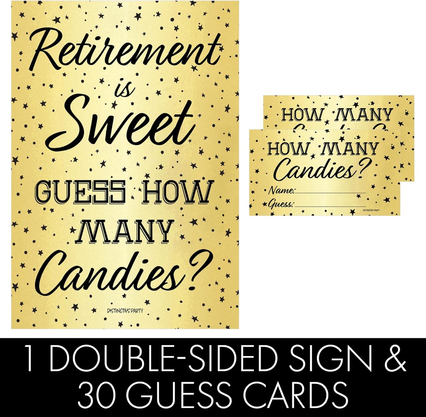 DISTINCTIVS Retirement Party Games - Guess How Many Candies in The Jar Game - 1 Sign and 30 Guessing Cards