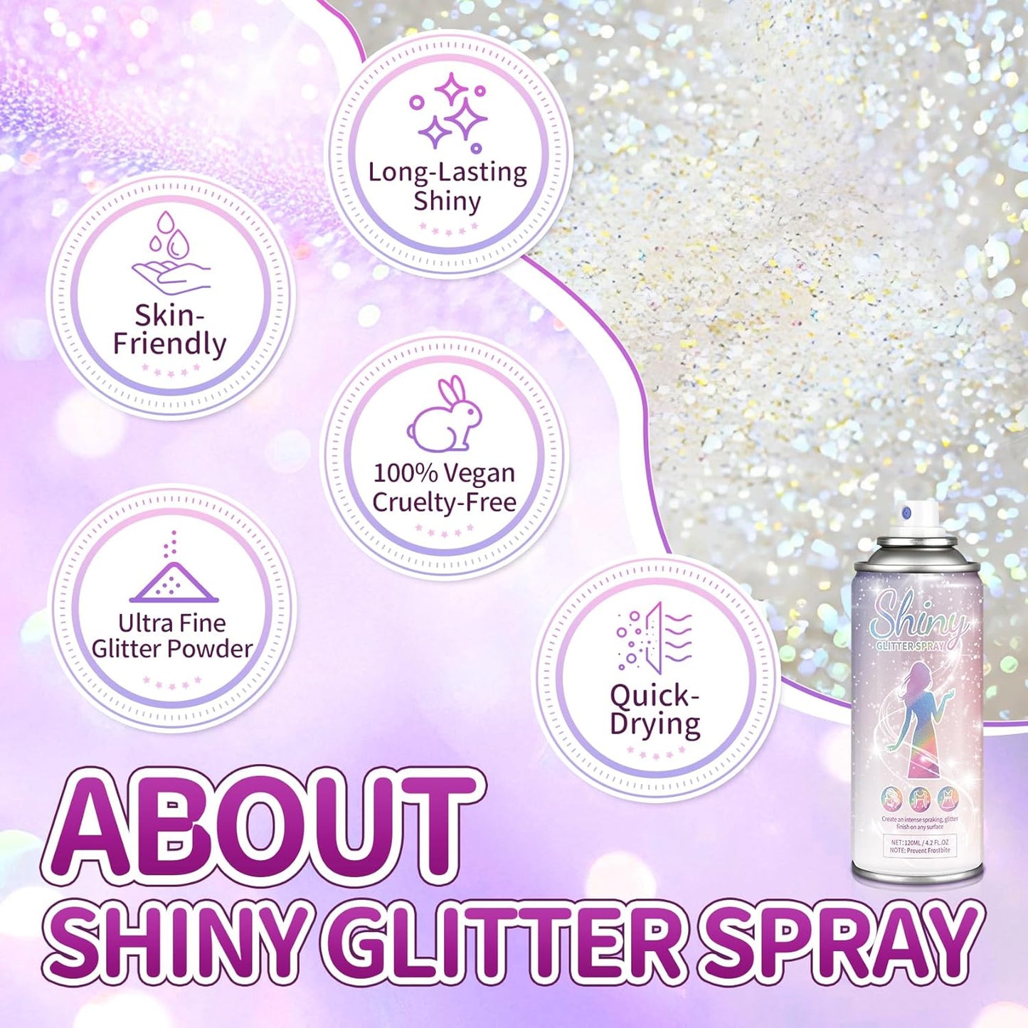 Body Glitter Spray Hair Glitter for Kids Quick-Drying Long Lasting Shimmer Body Spray for Festival Rave Stage Prom, 4.22 Fl Oz, Silver