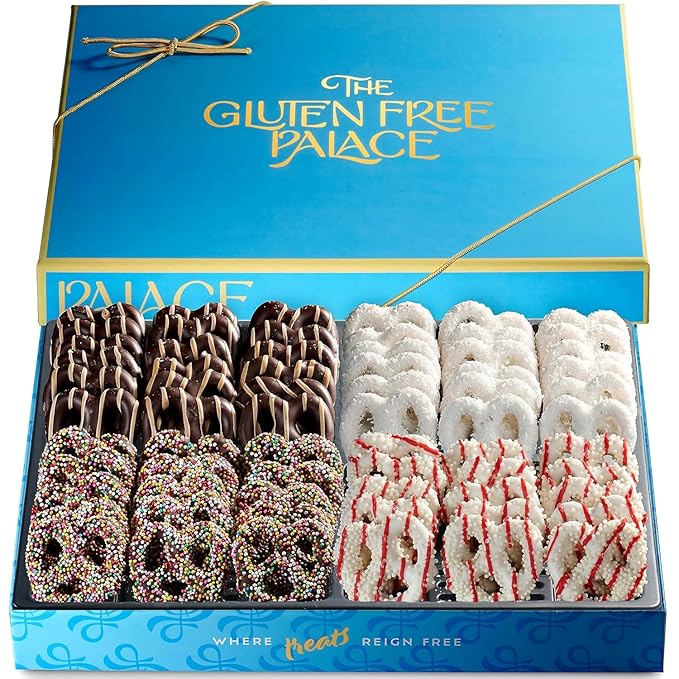 Gluten Free Palace Chocolate Covered Pretzels Gift Box – Holiday Gluten Free Treats for Thanksgiving, Christmas, and New Year – Gourmet Snack Basket for Men and Women (4 Flavors)