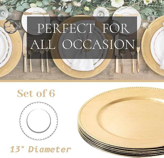 MAONAME Foil Gold Charger Plates with Beaded, 13" Plate Chargers for Dinner Plate, Plastic Round Chargers for Table Setting, Set of 6