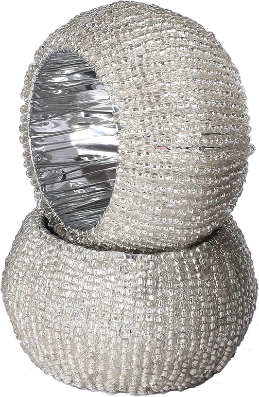 Goroly Home Beaded Napkin Rings Set of 4, Hand Made Round Beaded Napkin Rings Perfect for Christmas, Thanksgiving, Family Gatherings - A Beautiful Complements to Your Dinner Table Décor - Silver