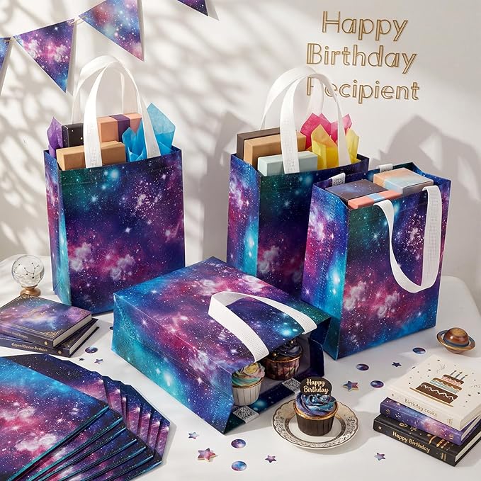 Supervitae 24 Pack Galaxy Party Gift Bags Medium Outer Space Print Party Decoration Supplies Reusable Non Woven Totes for Solar System Planet Birthday Baby Shower Favor(9.8" x 7.9" x 3.9")
