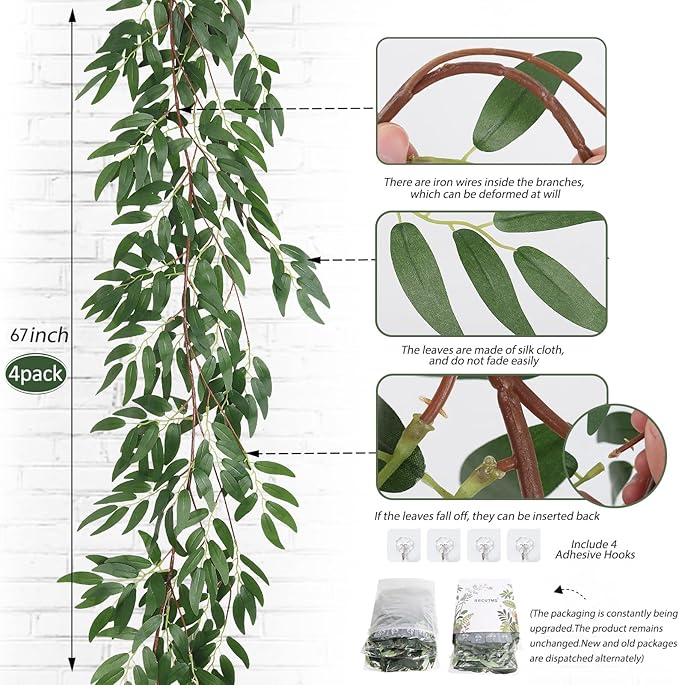 RECUTMS 4Pcs Artificial Willow Leaves Vine Twigs 5.7Ft Silk Willows Leaf Ivy Garland Faux Greenery Ivy Plant Decor for Indoor Outdoor Wedding Jungle Beach Birthday Party Garden Table Spring Summer