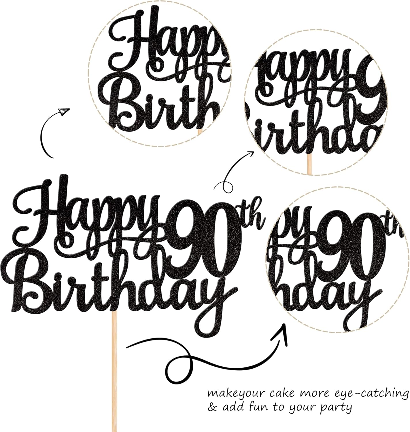 1 PCS Happy 90th Birthday Cake Topper Glitter Cheers to 90 Years Birthday Cake Pick 90 Fabulous Cake Decoration for Happy 90th Birthday Theme Party Decorations Supplies Black