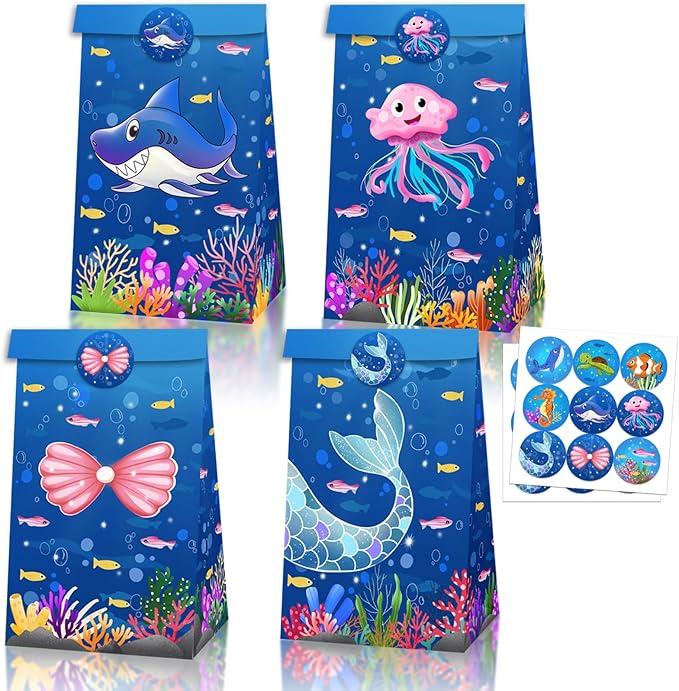 Inshinern Ocean Animals Party Favors Under The Sea Goodie Treat Gift Bag with Stickers Jellyfish Shark Coral Oneder The Sea Party Decorations Mermaid Themed Candy Bags for Kids Birthday Baby Shower