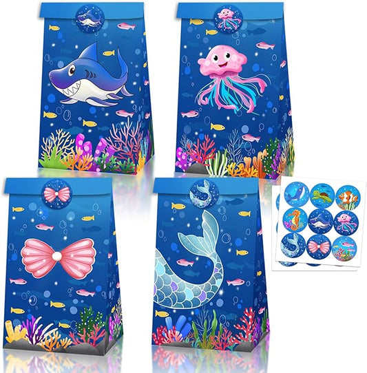 Inshinern Ocean Animals Party Favors Under The Sea Goodie Treat Gift Bag with Stickers Jellyfish Shark Coral Oneder The Sea Party Decorations Mermaid Themed Candy Bags for Kids Birthday Baby Shower