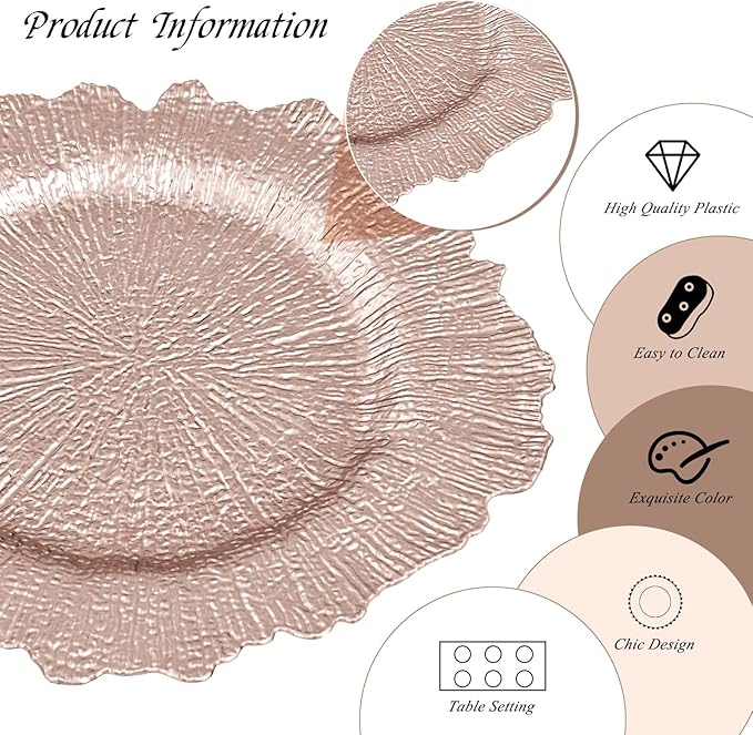 24 Pack Rose Gold Charger Plates Bulk, 13" Plastic Reef Chargers for Dinner Plates, Round Charger Plate with Floral Reef Design for Dinner Wedding Party Table Setting Decoration