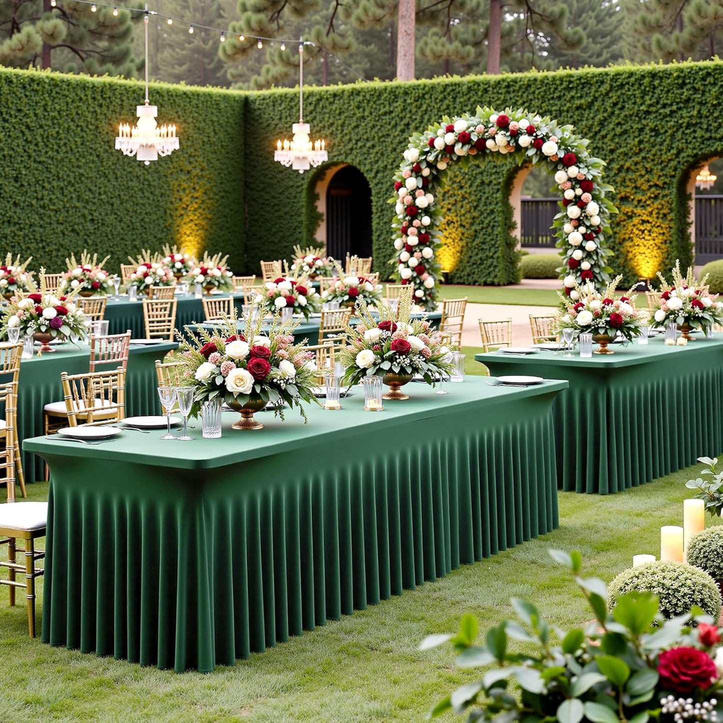 2 pk Hunter Green Spandex Tablecloths 8ft with Ruffle Table Skirt, Wrinkle Free Stretchy Fitted Tablecloth for 8 Foot Rectangle Tables, Elastic Spandex Table Covers 8ft for Party Wedding Banquet