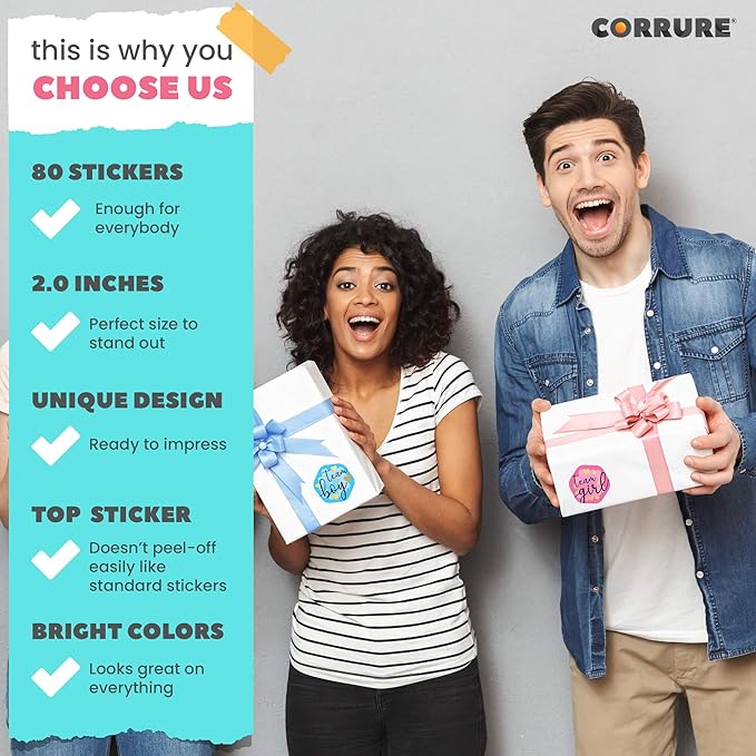 CORRURE Gender Reveal Stickers with Gold Foil for Voting Games and Party Supplies (80pcs) - Easy to Stick and Peel-Off - 2.0" Team Boy and Team Girl Labels for Baby Showers or Gender Reveal Party